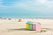 France, Pas-de-Calais, Berck-sur-Mer, seaside resort on the Opale Coast, the beach and the beach cabins called "berlingots"