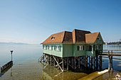 Aeschacher Bad, bath house, historic pile building, Lindau, Lake Constance, Bavaria, Germany