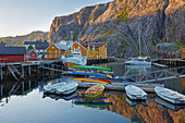 Rorbuer in Nusfjord, sunset, Flakstadoeya, Lofoten, Nordland, Norway, Europe