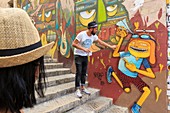 France, Bouches du Rhone, Marseille, Euromediterranee zone, shopping district, rue Four du Chapitre, Street Art tour, guided tour of the murals by the graffiti artist Arnaud dit ASHA