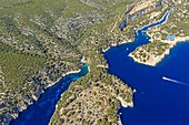 France, Bouches du Rhone, Calanques National Park, Cassis, Port Pin creek and Calanque de Port Miou in the background (aerial view)