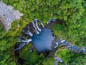 France, Reunion island, Reunion National Park listed as World Heritage by UNESCO, Saint Joseph, Langevin river on the flank of the Piton de la Fournaise volcano, Grand Galet waterfall or Langevin waterfall (aerial view)