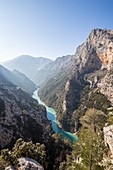 Frankreich, Alpes-de-Haute-Provence, regionales Naturschutzgebiet von Verdon, Grand Canyon von Verdon, der Verdon vom Beletere der Galetas aus gesehen