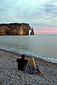 France, Seine Maritime, Pays de Caux, Cote d'Albatre (Alabaster Coast), Etretat, the beach, the Aval cliff, the Arch and the Aiguille (Needle) d'Aval