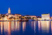 Split Harbour with Cathedral of Saint Domnius at dusk, Split, Dalmatian Coast, Croatia, Europe