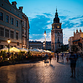 Rynek Glowny (Market Square) at dusk, UNESCO World Heritage Site, Krakow, Malopolskie, Poland, Europe