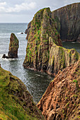 Westerwick, dramatische Küstenansichten, Klippen und Stapel des roten Granitmeeres, West Mainland, Shetlandinseln, Schottland, Vereinigtes Königreich, Europa