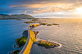 Sunset over Storseisundet Bridge on the Atlantic Road, aerial view, More og Romsdal county, Norway, Scandinavia, Europe