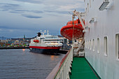 MS Polarlys of the Hurtigruten in the port of Trondheim, dawn, Trondheimsfjorden, Trondheim, Sör-Trondelag Province, Trondelag, Norway, Europe