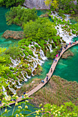 Aerial view of the boardwalk at Plitvice Lakes National Park, UNESCO World Heritage Site, Croatia, Europe
