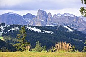 View to Sella over San Cassiano, Alta Badia, Dolomites, South Tyrol, Italy