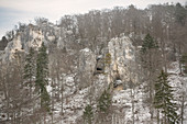 UNESCO World Heritage Site “Caves and Ice Age Art in the Swabian Jura”, Geißenklösterle cave in winter, Aachtal near Blaubeuren, Swabian Alb, Baden-Württemberg, Germany