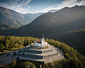Aerial view by drone of St. Anthony's Sanctuary Caporetto Memorial, Kobarid, Goriska, Slovenia, Europe