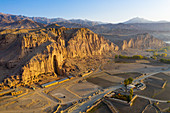 Aerial by drone of the site of the great Buddhas in Bamyan (Bamiyan), taken in 2019, post destruction, Afghanistan, Asia