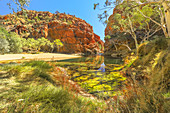 Panoramic view of Ellery Creek Big Hole waterhole in West MacDonnell Ranges surrounded by red cliffs and bush outback vegetation, Northern Territory, Central Australia, Australia, Pacific