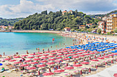 Beach, elevated view, Lerici, La Spezia district, Liguria, Italy, Europe