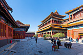 Ansicht des verzierten tibetischen buddhistischen Lama-Tempels (Yonghe-Tempel), Dongcheng, Peking, Volksrepublik China, Asien