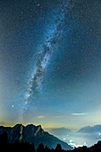 Milky Way over Uomo group and Fassatal, from Sass d´Adam, Dolomites, UNESCO World Natural Heritage Dolomites, Veneto, Veneto, Italy