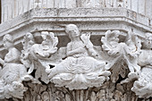 Detail shot of musician sculpture on the facade of the Doge's Palace, Palazzo Ducale, San Marco, Venice, Veneto, Italy, Europe