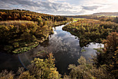 the Braunsel flows into the Danube at Rechtenstein, view from the Hochwartfelsen, Alb-Donau district, Swabian Alb, Baden-Württemberg, Germany