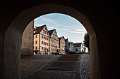 View through Unteres Tor into the old town of Neuburg an der Donau, district of Neuburg-Schrobenhausen, Bavaria, Germany