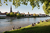 View from Neu-Ulm over the Danube to Ulm Minster and Metzgerturm, Ulm, Swabian Alb, Baden-Württemberg, Germany