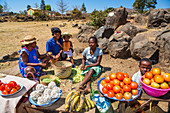 Women with vegetable stand in the central highlands near Ampefy, Madagascar, Africa