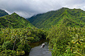 Luftaufnahme von Ausflugsboot auf Fluss und Laguneneinlass umgeben von Kokospalmen und üppigem Dschungel an der Südwestküste von Tahiti-Iti, Maraotiria, Tahiti, Windward Islands, Französisch-Polynesien, Südpazifik