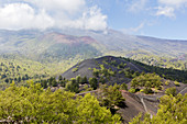 Volcanic landscape at Mount Etna, side crater Monti Sartorius, Sicily, Italy