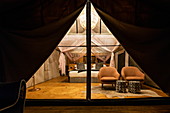 View into a luxury tented accommodation in the luxury resort tent camp Magashi Camp (Wilderness Safaris), Akagera National Park, Eastern Province, Rwanda, Africa