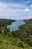 Blick über Bucht am Kivu See, nahe Gitesi, Western Province, Ruanda, Afrika