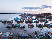 Aerial view of Kampong Prasat floating village on Tonle Sap River at dusk, Kampong Prasat, Kampong Chhnang, Cambodia, Asia