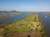Aerial view of Tonle Sap River and rice fields, near Kampong Chhnang, Kampong Chhnang, Cambodia, Asia