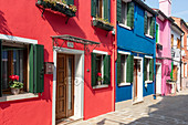 Bunte Häuser auf Burano in der Lagune von Venedig, Venetien, Italien