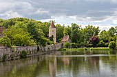 Rothenburg pond with the digestion tower and the park ranger house in Dinkelsbühl, Middle Franconia, Bavaria, Germany