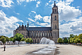 Magdeburg Cathedral with Domplatz and water features in Magdeburg, Saxony-Anhalt, Germany