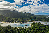 View across Rarotonga mountains landscape, forest and a lagoon