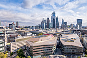 The skyscrapers of the City of London business and financial district with the One New Change shopping centre in the foreground, London, England, United Kingdom, Europe
