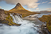 One of Iceland's iconic landscapes, Mount Kirkjufell and Kirkjufellsfoss Falls, near Grundarfjordur, Snaefellsnes peninsula, Iceland, Polar Regions