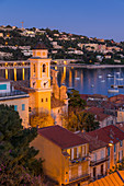 Illuminated Saint-Michel Church at dusk, Villefranche sur Mer, Alpes Maritimes, Cote d'Azur, French Riviera, Provence, France, Mediterranean, Europe