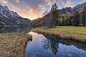 Antholzer see in the Antholz valley at sunset, South Tyrol, Bolzano, Italy