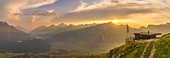 Last rays of sun at sunset over mountains seen from Muottas Muragl, Samedan, canton of Graubunden, Engadine, Switzerland