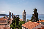 View over roofs of the old town and church towers, Rab, Primorje-Gorski Kotar, Croatia, Europe