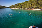 Passagiere von Kreuzfahrtschiff schwimmen in einer unberührten Bucht, nahe Kukljica, Zadar, Kroatien, Europa