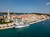 Aerial view of the cruise ship which is moored next to the old town, Rab, Primorje-Gorski Kotar, Croatia, Europe