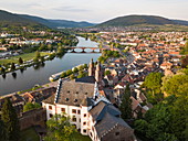 Aerial view of Mildenburg, town and Main, Miltenberg, Spessart-Mainland, Franconia, Bavaria, Germany, Europe