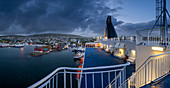 View of the capital Torshavn from ferry at night, Faroe Islands
