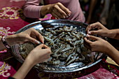 Hands of women peeling the prawns at a stall at the night market, Luang Prabang, Luang Prabang Province, Laos, Asia