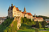 Schloss Sigmaringen bei Sonnenuntergang, Oberes Donautal, Schwäbischer Jura, Baden-Württemberg, Deutschland, Europa