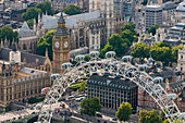 Die London Eye und Jubilee Gardens mit den Houses of Parliament in der Ferne, London, England, Großbritannien, Europa
